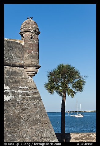 Corner bastion of the Spanish built fort and walls made of coquina masonry units. Castillo de San Marcos National Monument. St Augustine, Florida, USA (color)