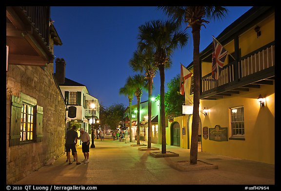 Historic street with palm trees and old buidlings. St Augustine, Florida, USA