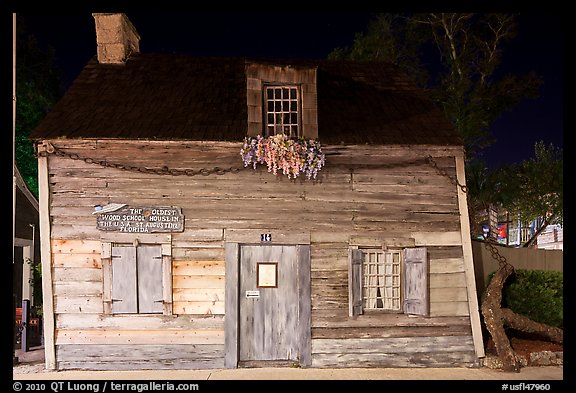 Facade of oldest wooden school house in the US by night. St Augustine, Florida, USA