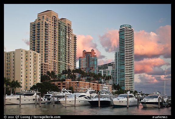 Marina and high rise buildings at sunset, Miami Beach. Florida, USA
