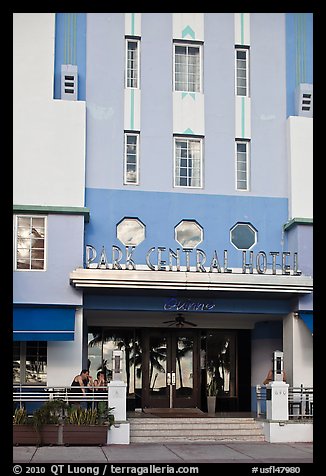 Entrance of Park Central Hotel in Art Deco architecture, Miami Beach. Florida, USA (color)