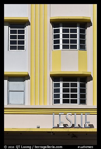Detail of boxy Art Deco facade, Miami Beach. Florida, USA