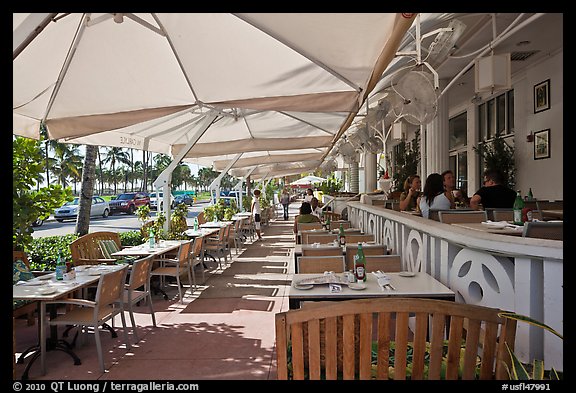 Outdoor restaurant tables, South beach, Miami Beach. Florida, USA (color)