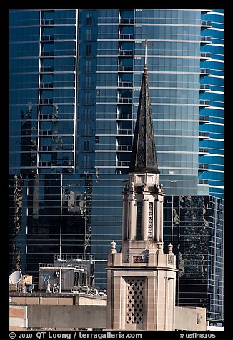 Church bell tower and glass building. Orlando, Florida, USA (color)