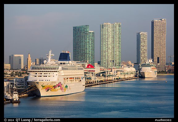 Cruise ship terminal and skyline, Port of Miami. Florida, USA (color)