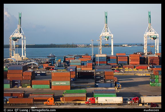 Miami Port with trucks, containers and cranes. Florida, USA (color)