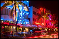 Art Deco hotels colorfully illuminated and traffic light trails, South Beach, Miami Beach. Florida, USA ( color)