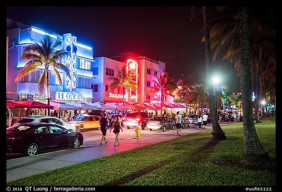 Street with row of Art Deco hotels at night, South Beach District, Miami Beach. Florida, USA
