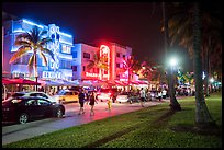 Street with row of Art Deco hotels at night, South Beach District, Miami Beach. Florida, USA ( color)