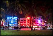 Palm trees and row of Art Deco hotels at night, Miami Beach. Florida, USA ( color)