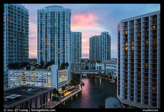 Brickell high-rise towers and Miami River at sunset, Miami. Florida, USA