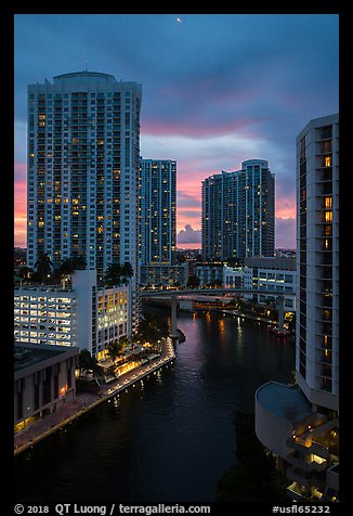 High view of Brickell towers and Miami River at sunset, Miami. Florida, USA (color)