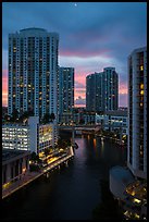 High view of Brickell towers and Miami River at sunset, Miami. Florida, USA ( color)