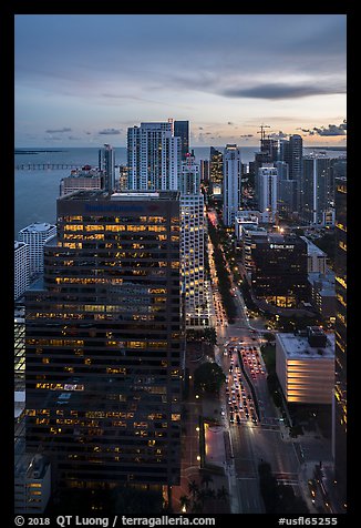 High view of Brickell district and Biscayne Bay at sunset, Miami. Florida, USA (color)