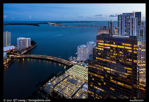 Biscayne Bay, Brickell Key Bridge, and Key Biscayne at dusk, Miami. Florida, USA (color)