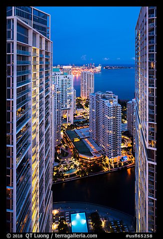 High view of Brickell Point, Brickell Key and Biscayne Bay at night, Miami. Florida, USA