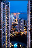 High view of Brickell Point, Brickell Key and Biscayne Bay at night, Miami. Florida, USA ( color)