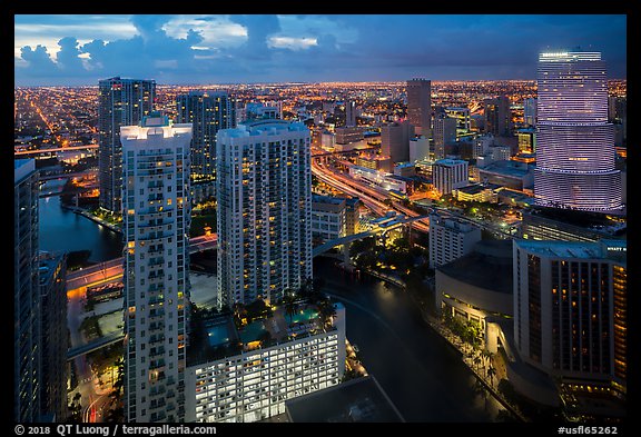 Miami Skyline at dusk with Miami River and Brickell District, Miami. Florida, USA (color)