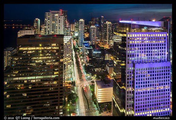 High view of Miami Skyline at night with Brickell Av from Fifty Ultra Lounge, Miami. Florida, USA