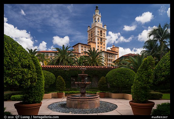Garden fountain and Biltmore Hotel. Coral Gables, Florida, USA