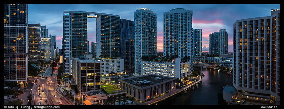 Brickell dowtown skyline at sunset, Miami. Florida, USA (color)