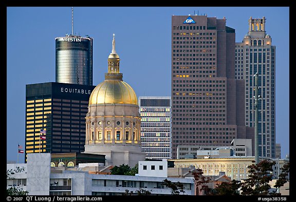 Georgia Capitol and high rise buildings, dusk. Atlanta, Georgia, USA (color)