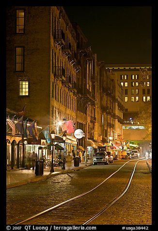 Rails and Cobblestone street by night. Savannah, Georgia, USA