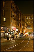 Rails and Cobblestone street by night. Savannah, Georgia, USA