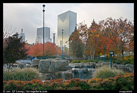 Fall colors and cascades in Centenial Olympic Park with skyline. Atlanta, Georgia, USA