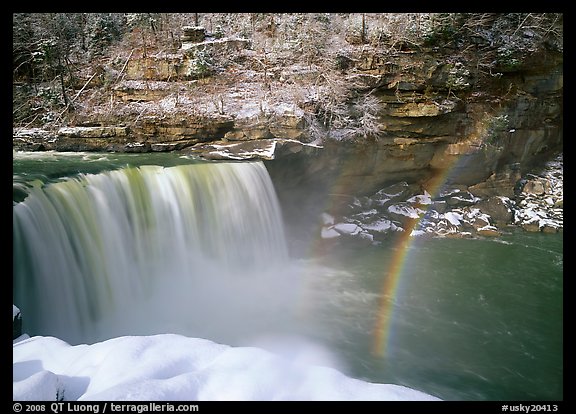 Double rainbow over Cumberland Falls in winter. Kentucky, USA
