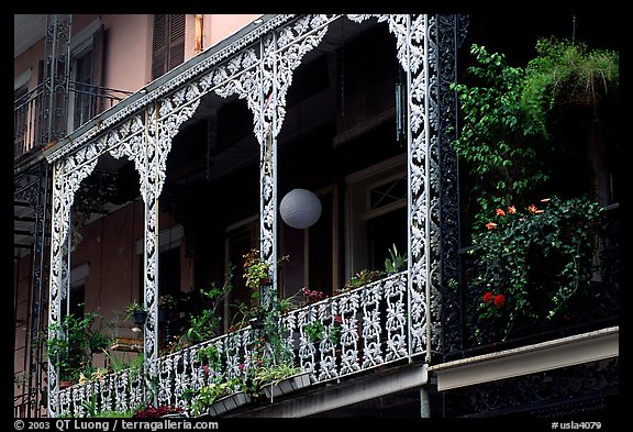 Wrought-iron laced balconies, French Quarter. New Orleans, Louisiana, USA (color)