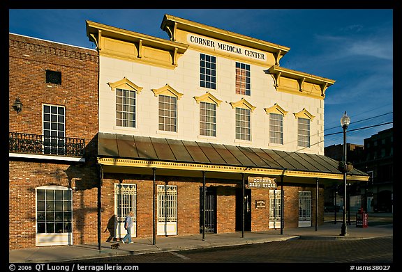 Corner historic drugstore and medical center. Vicksburg, Mississippi, USA (color)