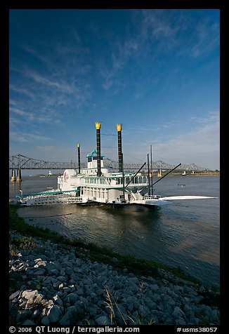 Riverboat, Mississippi River, and bridge, morning. Natchez, Mississippi, USA