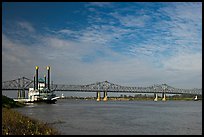 Mississippi River, paddle steamer, and bridge. Natchez, Mississippi, USA