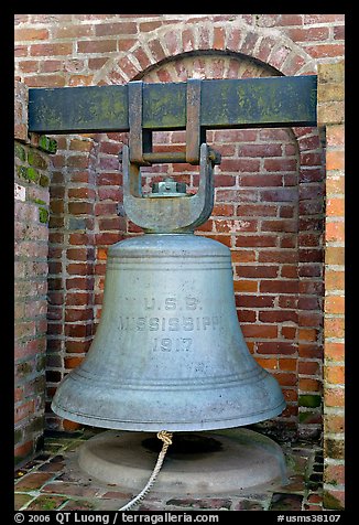 Bell from the USS Mississippi in Rosalie garden. Natchez, Mississippi, USA