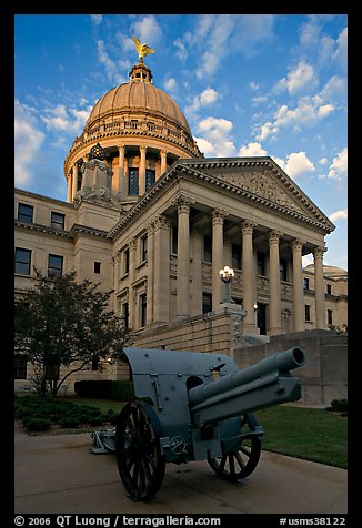 Cannon and Mississippi Capitol at sunset. Jackson, Mississippi, USA (color)