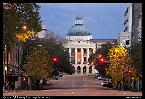 Street leading to Old Capitol at dusk. Jackson, Mississippi, USA (color)