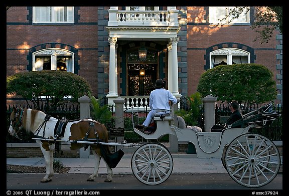 Horse carriage in front of historic mansion. Charleston, South Carolina, USA