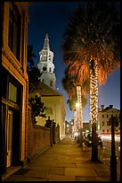 St Michael Episcopal Church, sidewalk, and palm trees at night. Charleston, South Carolina, USA