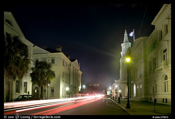 Four Corners of Law (church, courthouses, city hall) at night. Charleston, South Carolina, USA