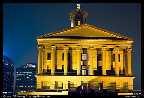 Greek Revival style Tennessee State Capitol by night. Nashville, Tennessee, USA (color)