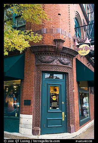 Corner entrance in brick building, Hard Rock Cafe. Nashville, Tennessee, USA (color)