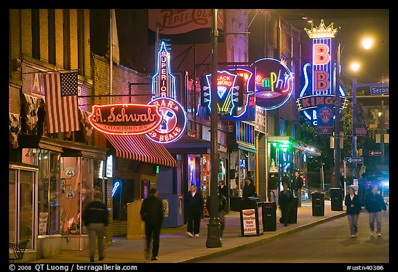 Beale Street sidewalk by night. Memphis, Tennessee, USA (color)
