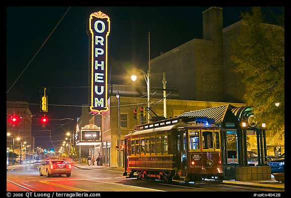 Street by night with trolley and Orpheum theater. Memphis, Tennessee, USA (color)