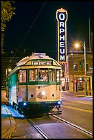 Trolley and Orpheum theater sign by night. Memphis, Tennessee, USA ( color)