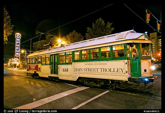 Main Street Trolley by night. Memphis, Tennessee, USA (color)