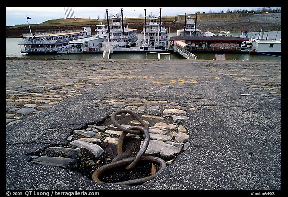 Riverfront, anchoring ring and riverboats. Memphis, Tennessee, USA (color)