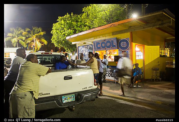 Pick-up truck and bar at night, Cruz Bay. Saint John, US Virgin Islands (color)