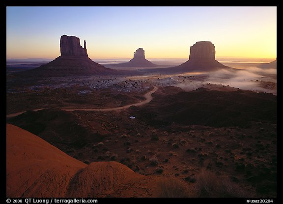Mittens, sunrise. Monument Valley Tribal Park, Navajo Nation, Arizona and Utah, USA (color)
