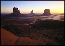Mittens, sunrise. Monument Valley Tribal Park, Navajo Nation, Arizona and Utah, USA ( color)